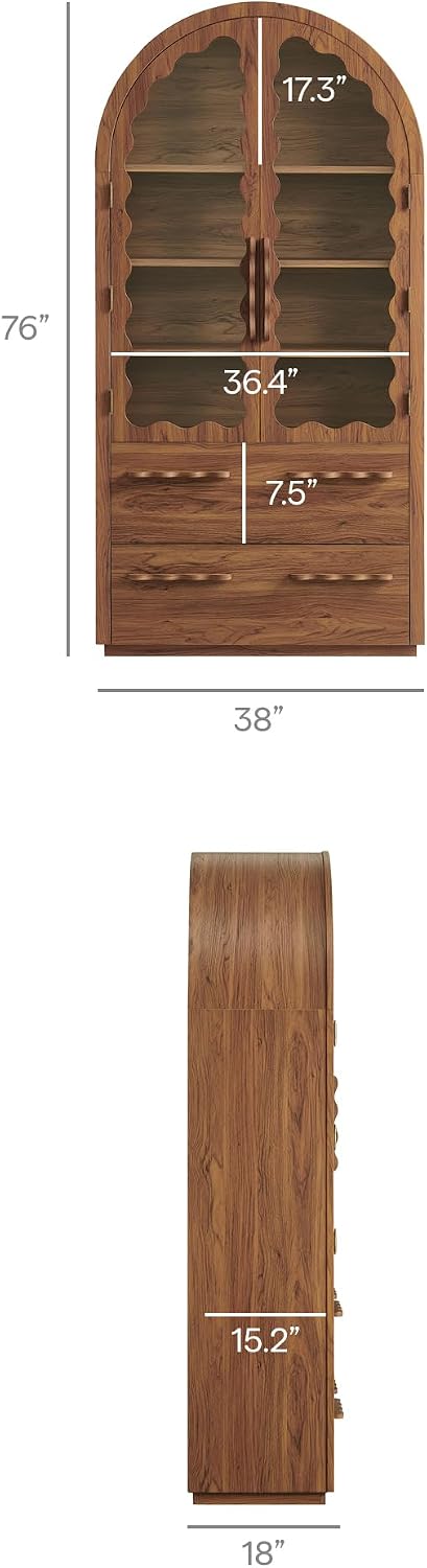 Modway Rory 76 Inch Arched Kitchen Pantry Cabinet with Glass Doors in Walnut - Vintage Retro Accent Display Stand for Dining Room, Living Room, Hallway