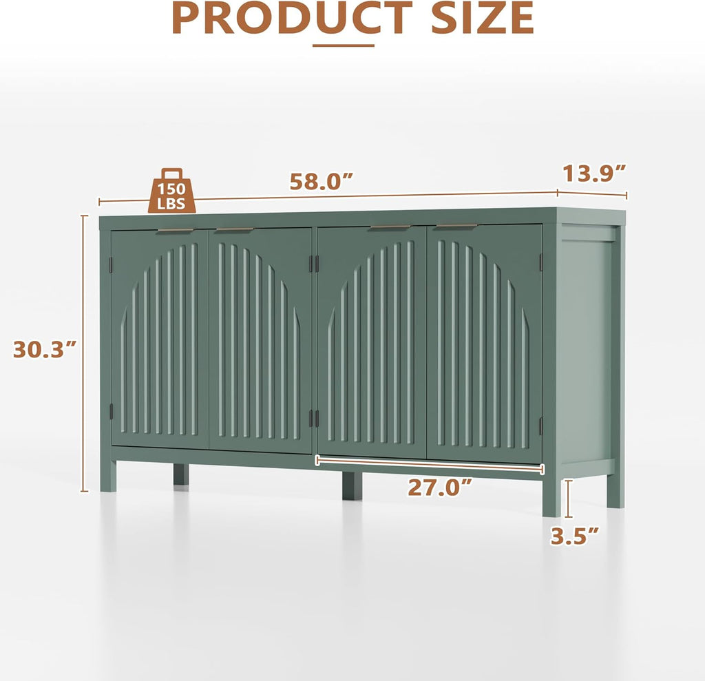 Fluted Sideboard Buffet Cabinet with Storage, 58" Mid Century Modern Accent Cabinet with Arch Doors, Large Wood Media TV Console Table Credenza for Dining Room, Kitchen, Living Room Entryway, Green
