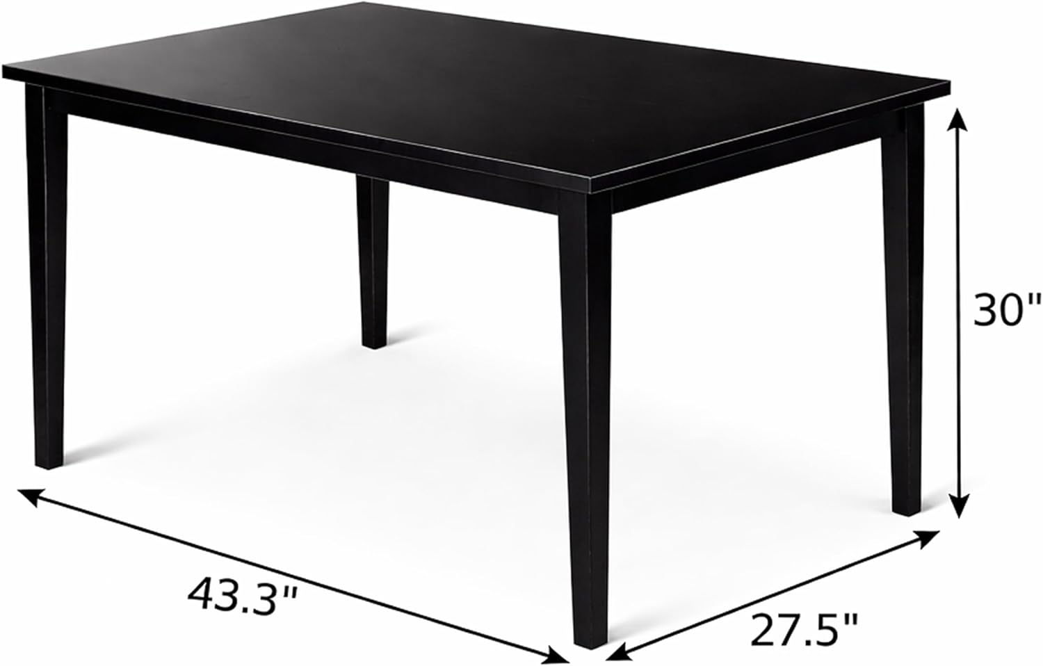 Modern 43.3 Inch Rectangular Dining Table, Black Finish Solid Rubberwood