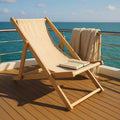 Wooden Folding Beach Chair, Outdoor Sling Chair with Beige Canvas, Portable Lounge Chair for Patio, Deck, Yard, Poolside, Beach, Balcony