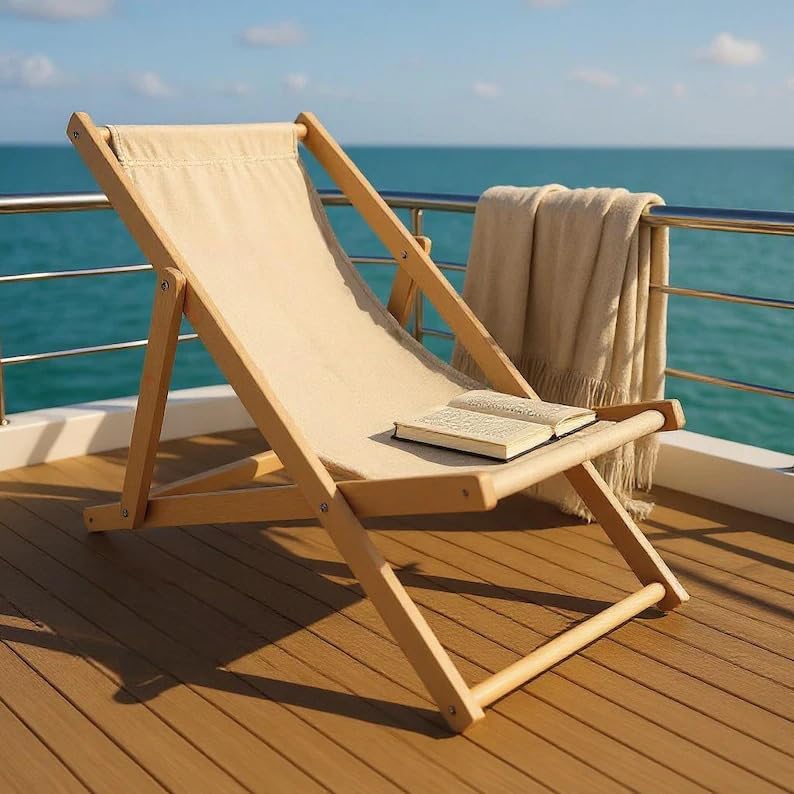 Wooden Folding Beach Chair, Outdoor Sling Chair with Beige Canvas, Portable Lounge Chair for Patio, Deck, Yard, Poolside, Beach, Balcony
