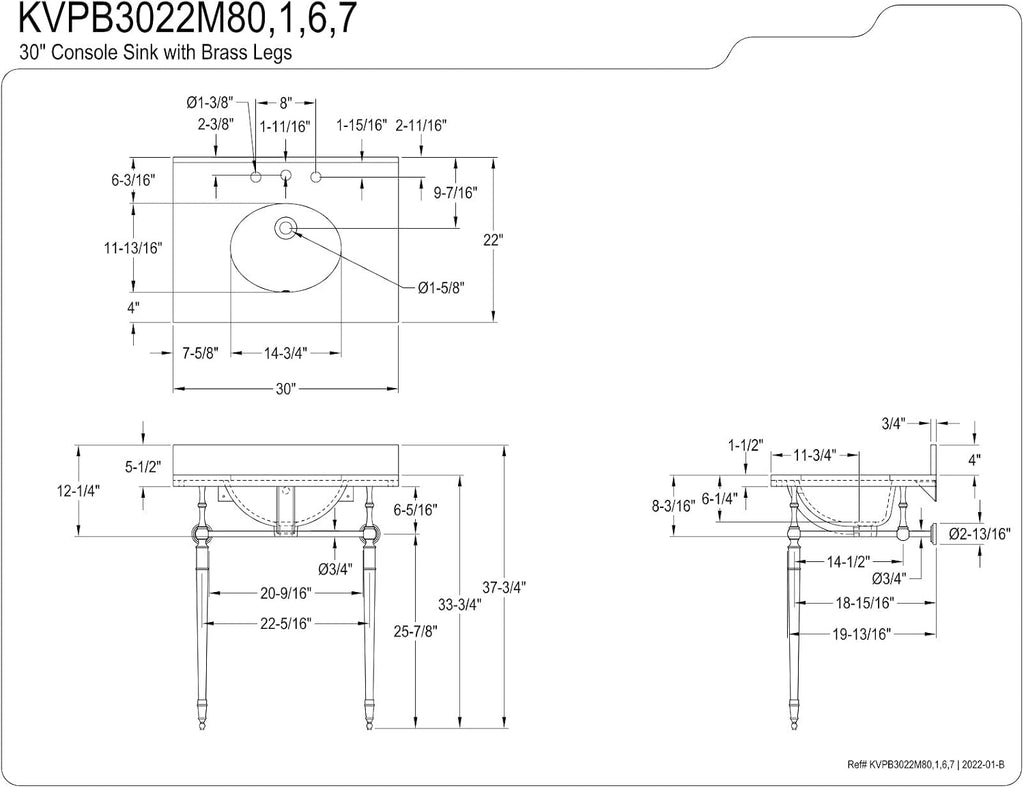 Kingston Brass KVPB3022M87 Edwardian 30" Console Sink with Brass Legs (8-Inch, 3 Hole), Marble White/Brushed Brass
