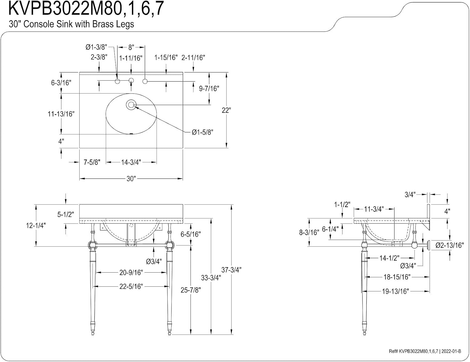 Kingston Brass KVPB3022M87 Edwardian 30" Console Sink with Brass Legs (8-Inch, 3 Hole), Marble White/Brushed Brass