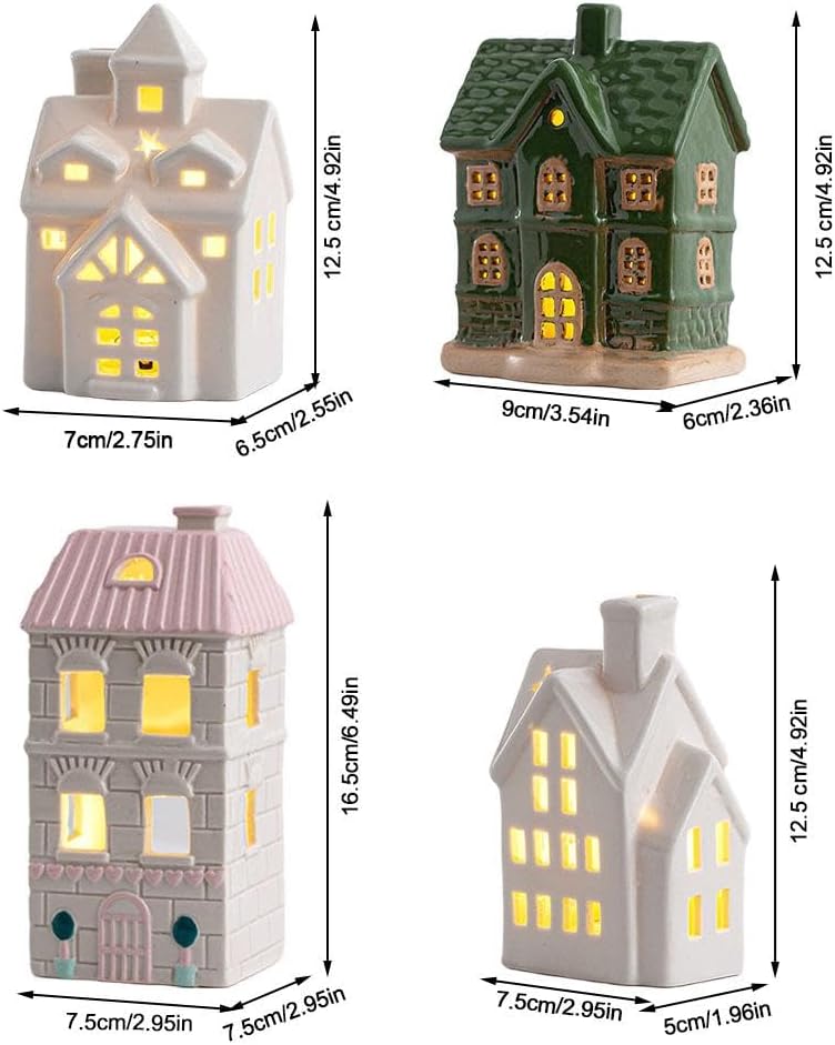 White Christmas Village Houses,LED Lighted Ceramic White Small House and Xmas Tree Tabletop Figurines, Light Up Christmas Decorations for Home Shelf Cabinet Table Winter Deco