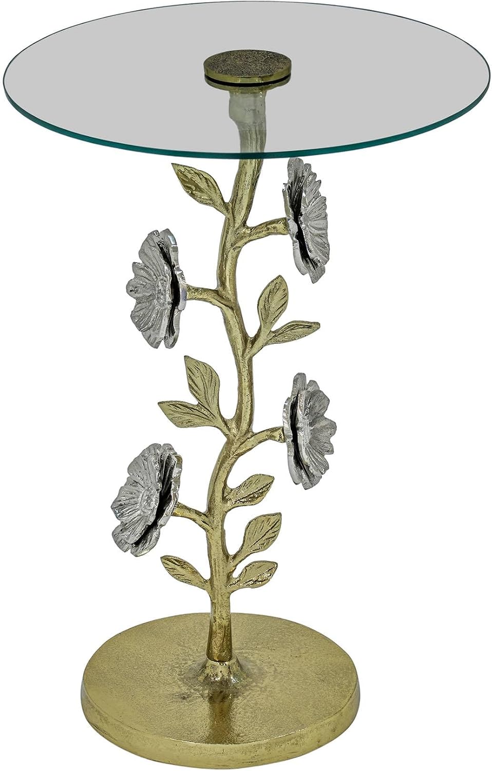 Flower Side Table with Glass Top | Decorative Sculptural End Table | Aluminum Base | Accent Table for Living Room | 16x16x23.75