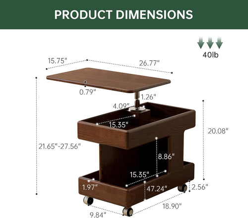 100% Solid Wood Lift Top End Table with Swivel Top, Sofa Couch Table with Wheels, Small Bedside Table for Living Room, Recliner and Small Places(Walnut, Fully Assembled Furniture)