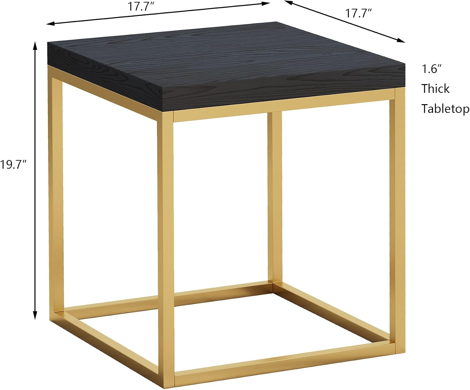 CENSI Modern Square End Table/Side Table, 18", Gold and Black | Extra Thick 1.6" Wood Top, Metal Frame, Industrial Nightstand, Black Oak Finish