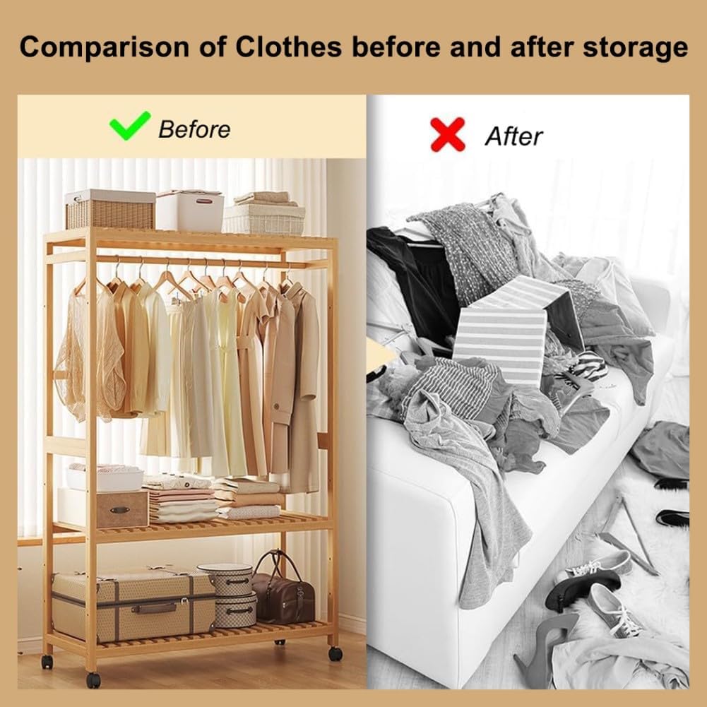 Bamboo Open Wardrobes with Wheels,Stable Clothes Rail with Rod and 2 Storage Shelves,for Hanging Clothes,Clothes Rack for Bedroom Entryway Bathroom Office,43/63/83/98 * 34 * 160cm