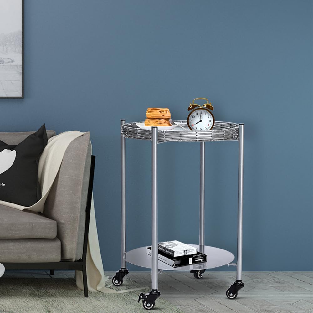 2-Tier Round Rolling Side Table, Silver Gray Metal Frame, 15.75 inch Diameter, Mobile End Table with Wheels for Living Room, Bedroom