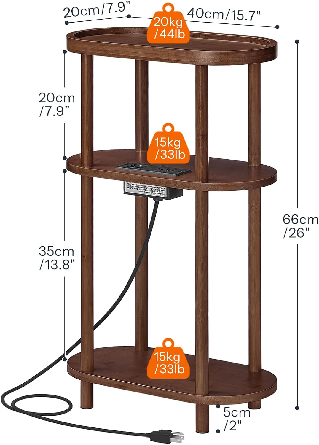 HOOBRO Small Narrow Side Table with Charging Station, 3-Tier Bamboo Narrow End Table, Slim Side Table for Small Spaces, Skinny Oval Nightstand for Living Room, Bedroom, Apartment, Mocha MA178UBZ01