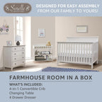 Sorelle Furniture Farmhouse 3-Piece Nursery Set with 4-in-1 Convertible Crib, 4-Drawer Dresser, and Changing Table with Shelves, Baby Furniture Made of Wood, Non-Toxic Finish-Weathered White