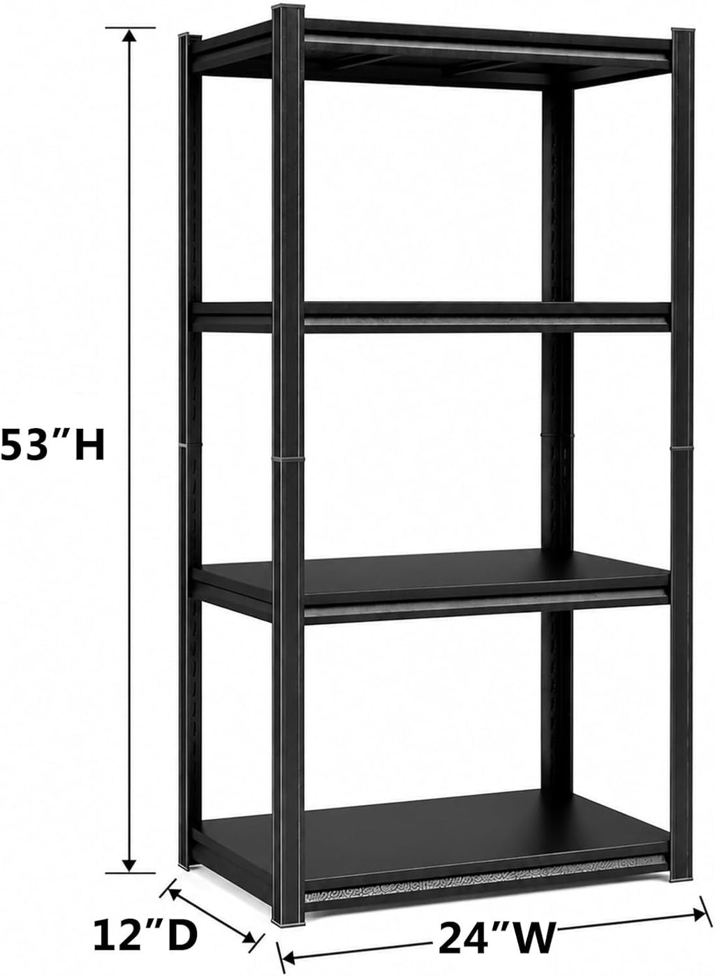 24 Inch Wide Shelf, 4-Tier Heavy Duty Storage Shelving Unit Metal Organizer Rack 2000 lbs Capacity for Garage, Home, Kitchen, Office, Black (11.8" D x 23.6" W x 53.4" H)