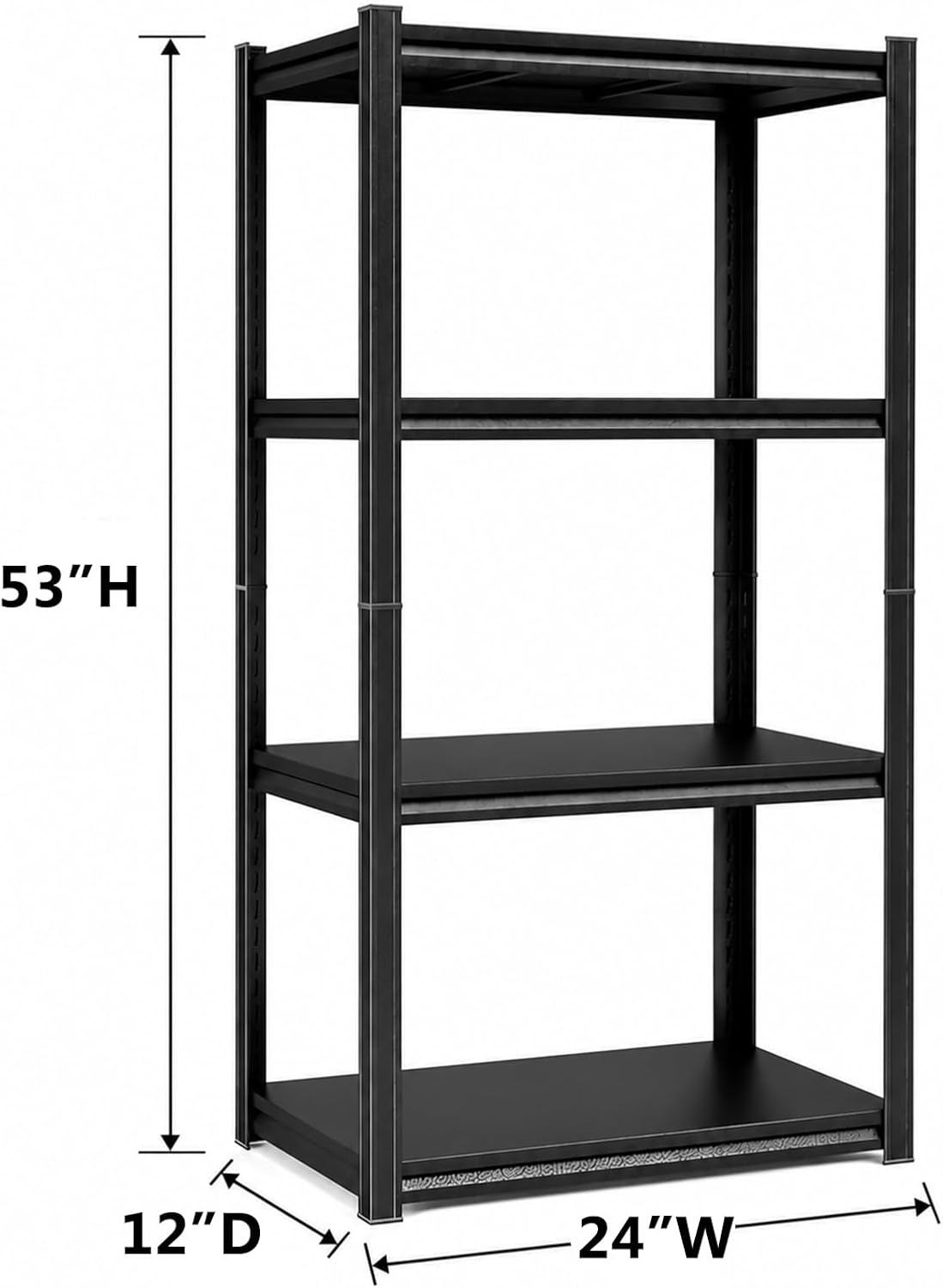24 Inch Wide Shelf, 4-Tier Heavy Duty Storage Shelving Unit Metal Organizer Rack 2000 lbs Capacity for Garage, Home, Kitchen, Office, Black (11.8" D x 23.6" W x 53.4" H)