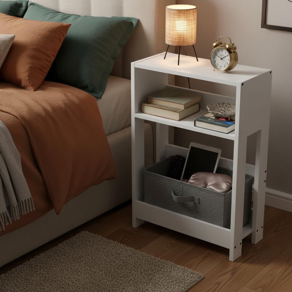 Narrow Side Table, 7 Inch Slim Bamboo Nightstand with 3-Tier Storage & Built-in Bookshelf, Small Space-Saving End Table for Living Room, Bedroom, Couch