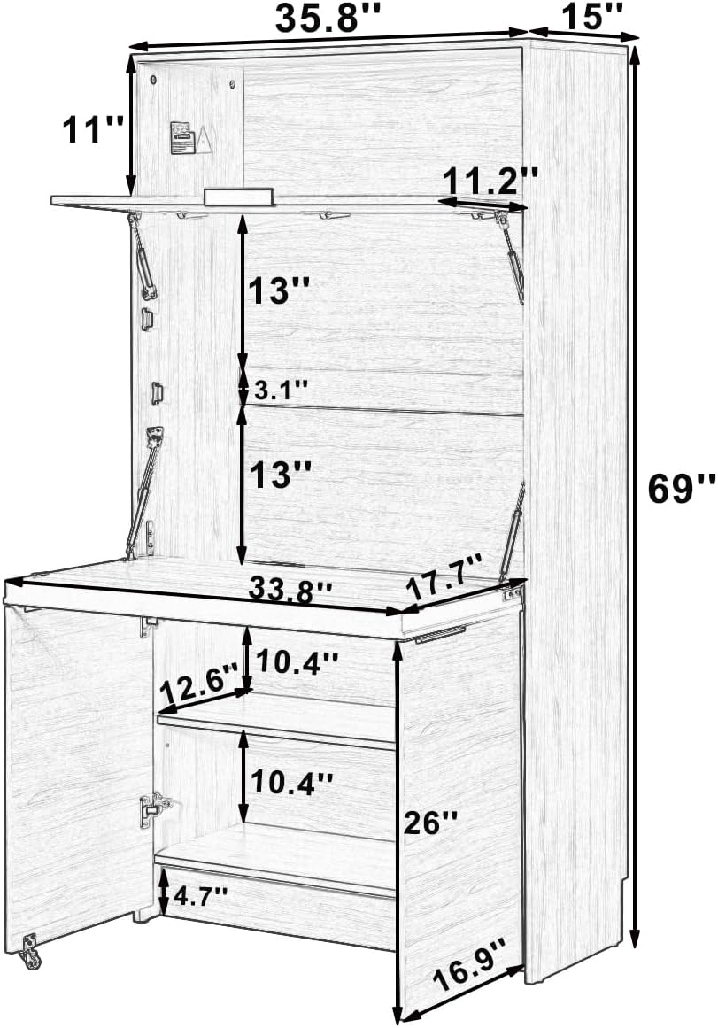 69'' Tall Kitchen Pantry Cabinet with Foldable Workstation, Kitchen Food Pantry Hutch with Adjustable Shelf, Folding Secretary Desk with Storage Hutch for Living Room, Dining Room (Natural)