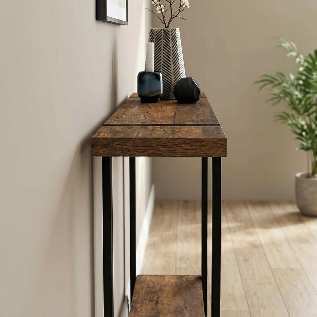 Solid Wood Console Table with 2-Tier Shelf, Narrow Sofa Table Behind Couch, Heavy Duty Entryway Table for Small Spaces, Industrial Farmhouse Hallway Table, W Walnut Color 31.5"L×7.9"W×39.4"H