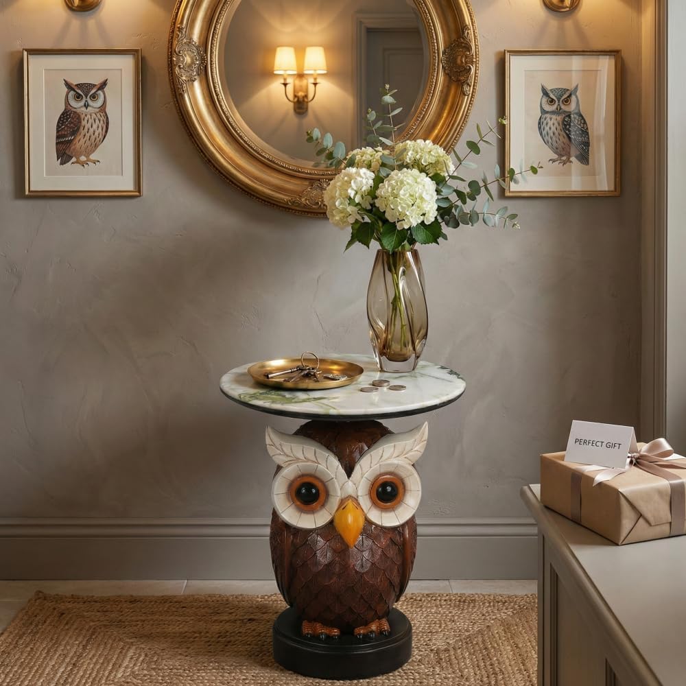 Owl Side Table, Round End Table with Faux Marble Top, Resin Owl Statue Base, Unique Animal Accent Table for Living Room