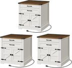RALGEND Farmhouse End Table Set of 3, with Charging Station, 24'' Sofa Side Table with 2 Drawers and Barn Door, Large Rustic Wooden Square Nightstand for Bedroom, Living Room, White and Walnut