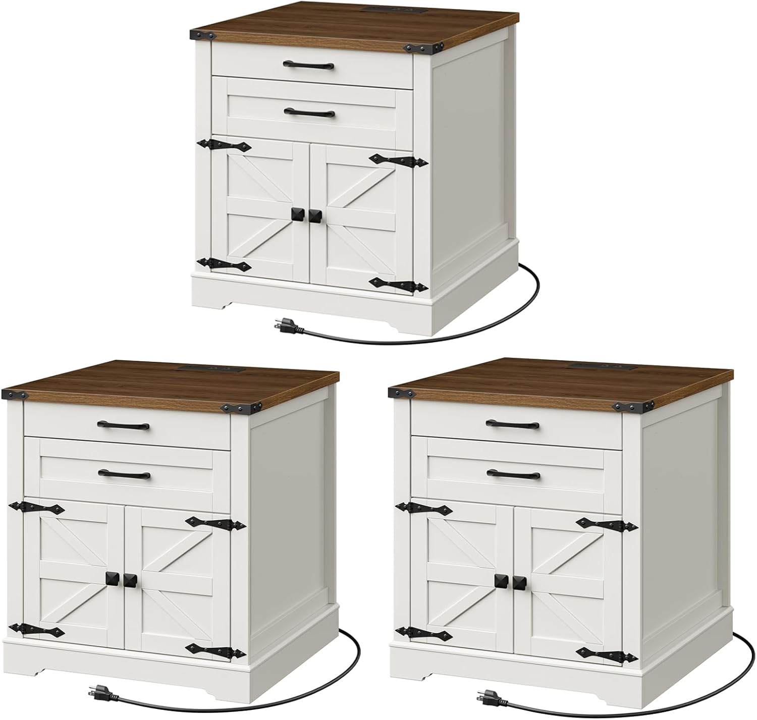 RALGEND Farmhouse End Table Set of 3, with Charging Station, 24'' Sofa Side Table with 2 Drawers and Barn Door, Large Rustic Wooden Square Nightstand for Bedroom, Living Room, White and Walnut