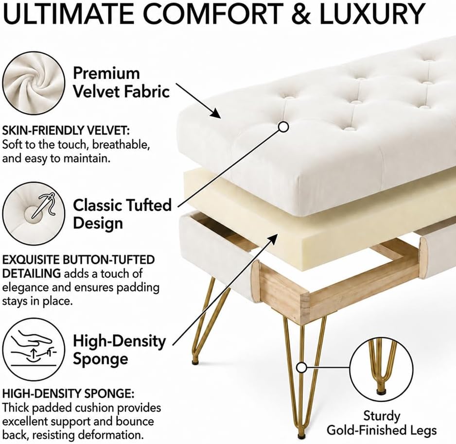 Velvet Button-Tufted Entryway Bench, 39.37" Modern Upholstered Bedroom Bench with Gold Metal Legs, Padded Rectangular End of Bed Bench for Living Room, Dining Room (White)