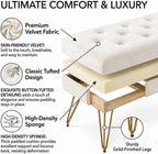 Velvet Button-Tufted Entryway Bench, 39.37" Modern Upholstered Bedroom Bench with Gold Metal Legs, Padded Rectangular End of Bed Bench for Living Room, Dining Room (White)