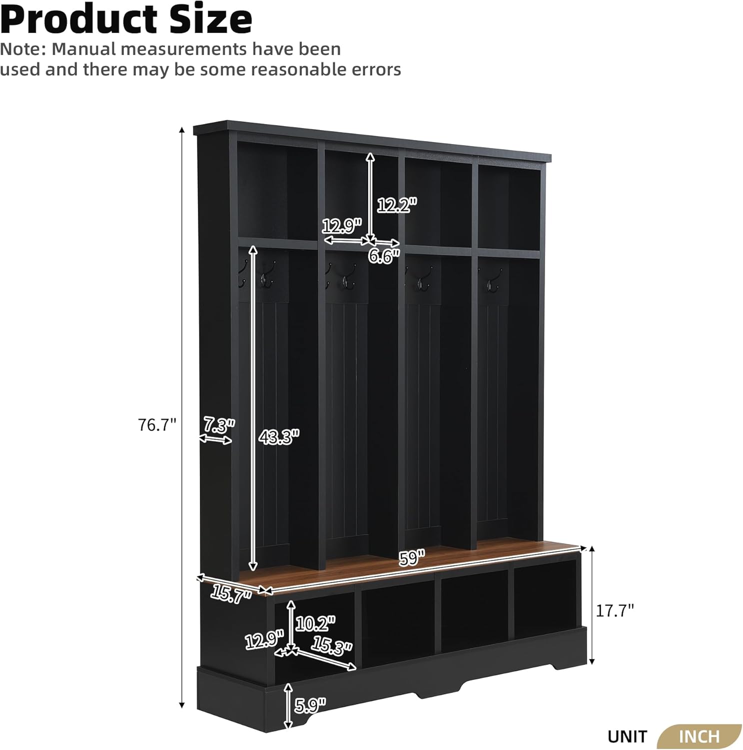 SOFTSEA 59 Inch Wide Hall Tree with Storage Bench, Farmhouse Entryway Bench with 8 Hooks and Storage Shelves, Modern Coat Rack with Shoe Cabinets for Mudroom, Living Room, Black