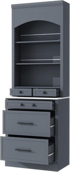 84 Inch Kitchen Pantry Cabinet with Faux Marble Top, Gray | Gray P2 MDF, kitchen or dining room, faux marble top, 5 pull-out compartments, adjustable shelf, anti-tip devices, 83.7 in H