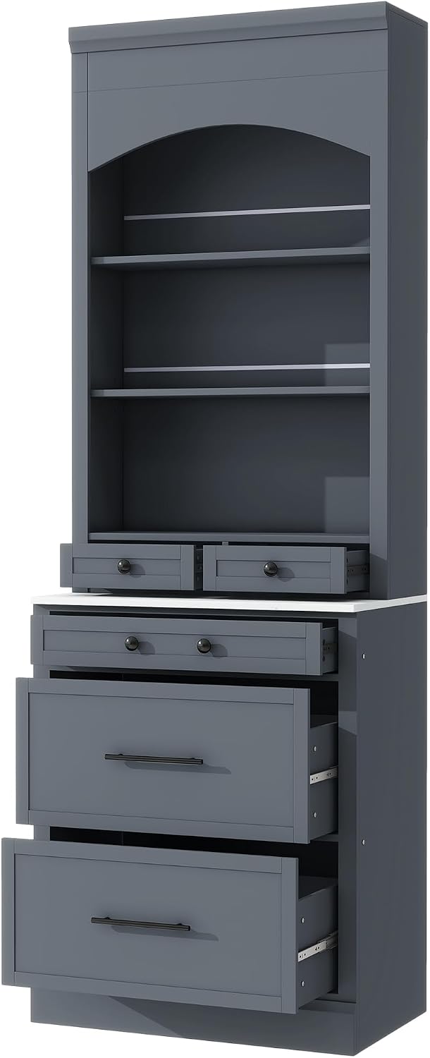 Freestanding Kitchen Pantry with 5 Dawers, 2 Shelves, Faux Marble Top, Rectangular Storage Cabinet, Modern, for Living Room, Dining Room, Blue