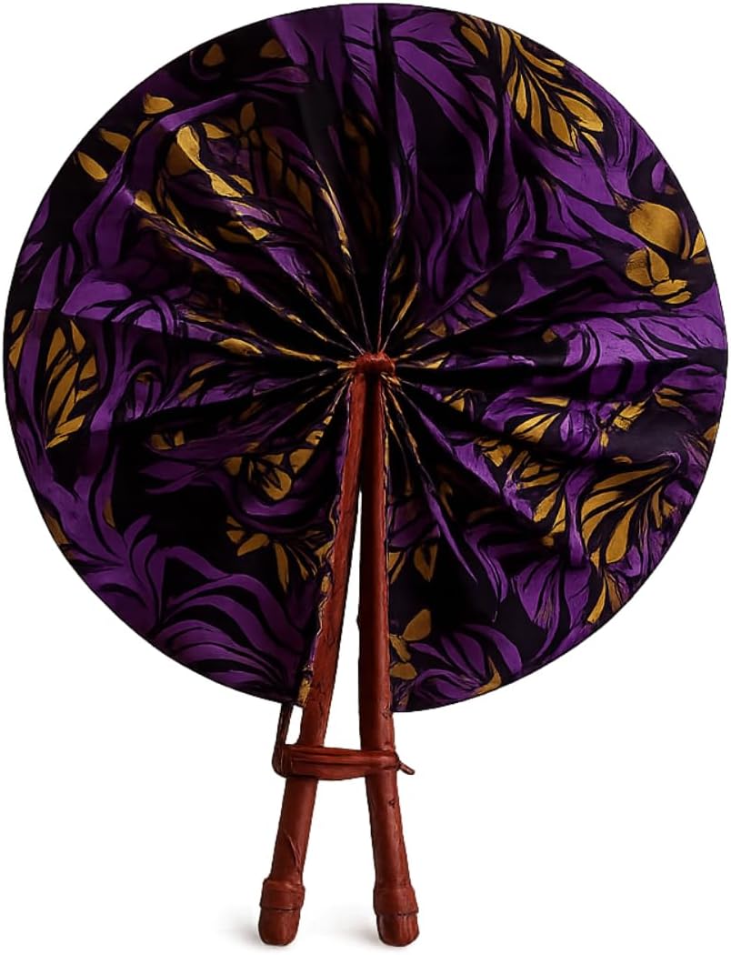 Ruth's Orchid Ghanaian Foldable Handheld Fan - African Fabric Folding Fan - Summer Hand Fan - African Hand Fan with Leather Handle (Midnight)