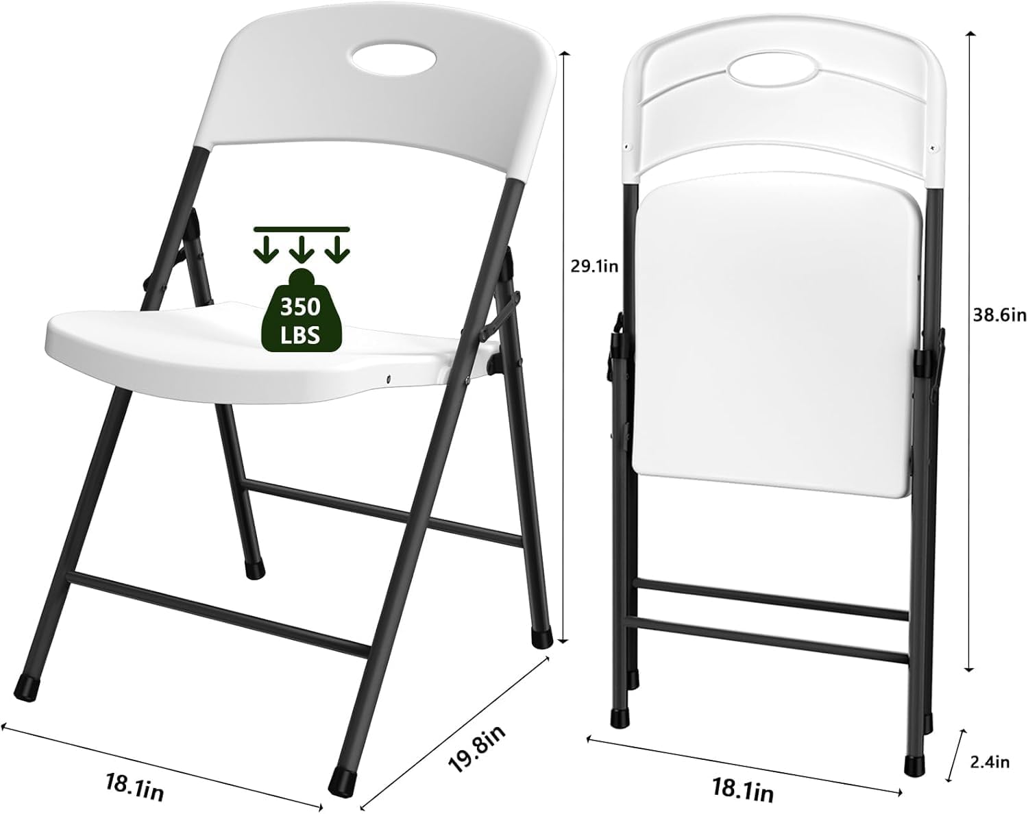 2 Pack White Folding Chair, Plastic Portable Stackable Commercial Seats with Steel Frame 350lb, Heavy Duty Foldable Chair for Indoor and Outdoor, Patio, Office, Picnic, Kitchen, Events