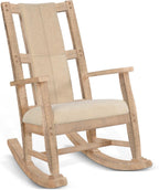 Pemberly Row Mahogany Rocking Chair with Cushioned Seat and Back, Studded Accents, Smooth Rocking Motion, Beige