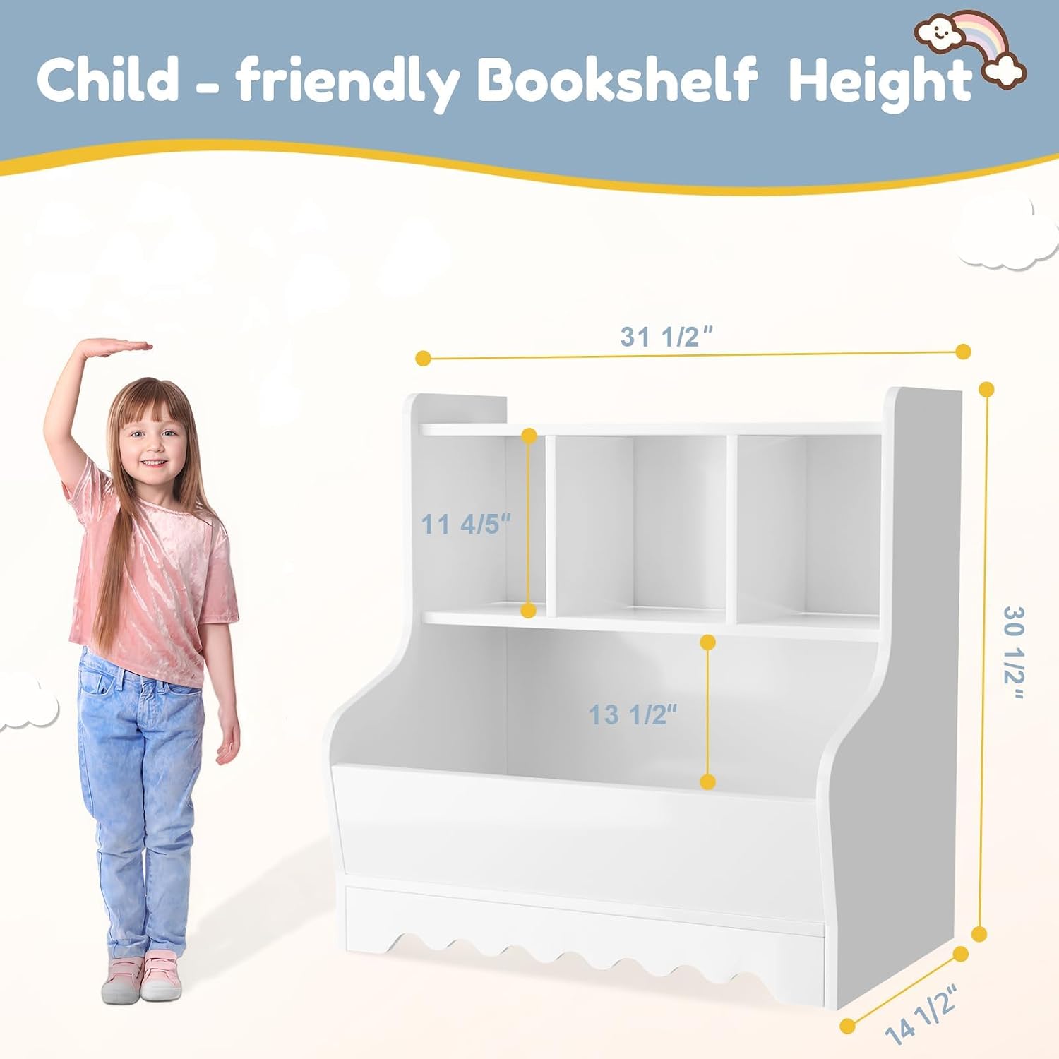 Marcytop Kids Toy Storage Organizer, Wooden 4 Cubby Children Book Toy Shelf, Toddler Baby Bookshelf with Storage, Montessori Kids Bookshelf and Toy Storage for Kids Rooms Playroom Organization