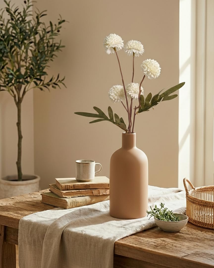 Neutral Boho Ceramic Decorative Vase Set, Modern Matte Minimalist Vases for Shelf, Coffee Table, Living Room & Fireplace Mantel Decor