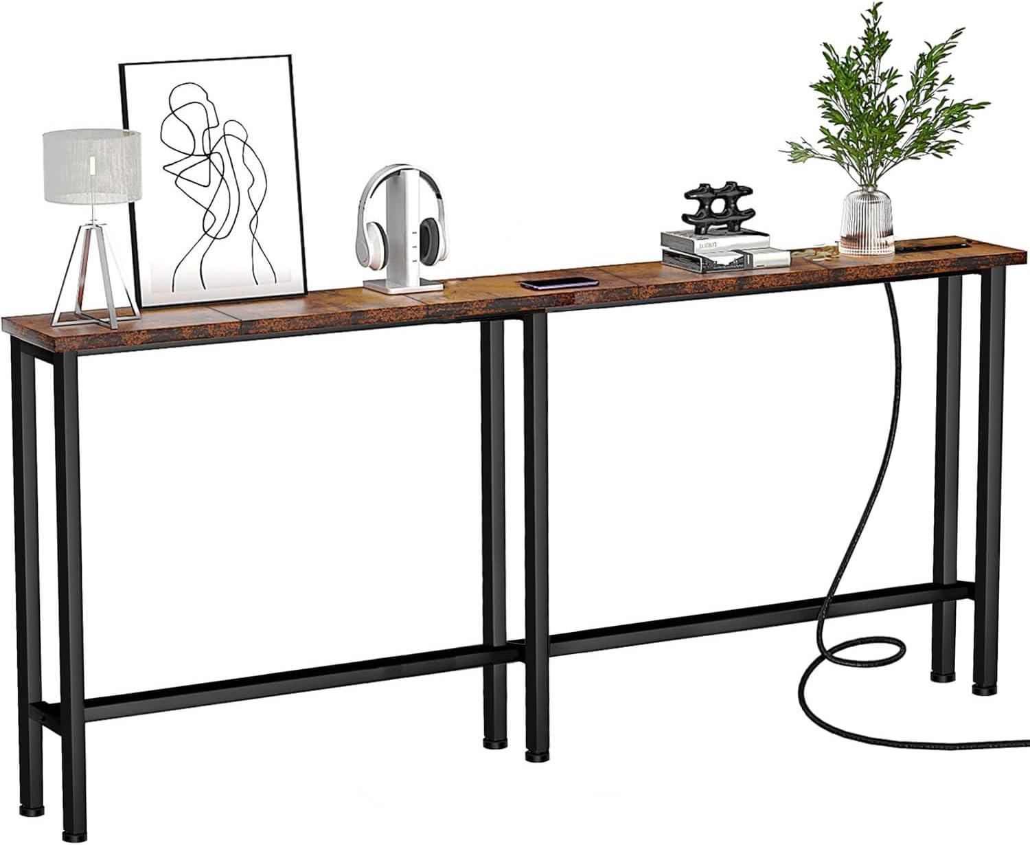 Keelian 78" Narrow Console Sofa Table with Power Outlets & 2 USB Ports, Metal Frame, Rustic Brown, Perfect for Hallway, Office, and Behind Sofa - Easy Assembly, 4.9' Extension Cord Included