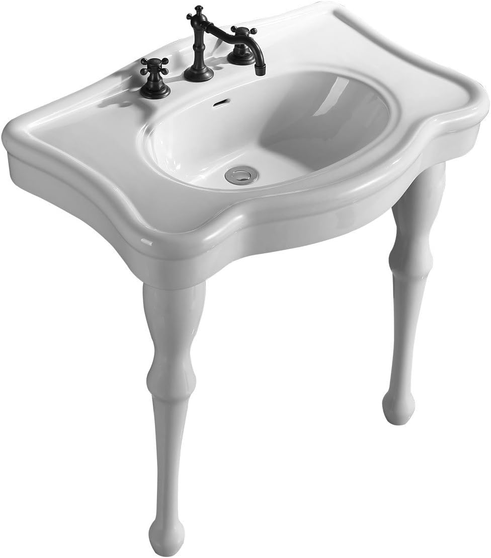 Jasmine White Console Bathroom Sink 32.5" Wide 2 Spindle Pedestal Leg Supports Heavy Duty Porcelain Wall Mount Console Sink With Overflow and Widespread Faucet Holes Renovators Supply Manufacturing