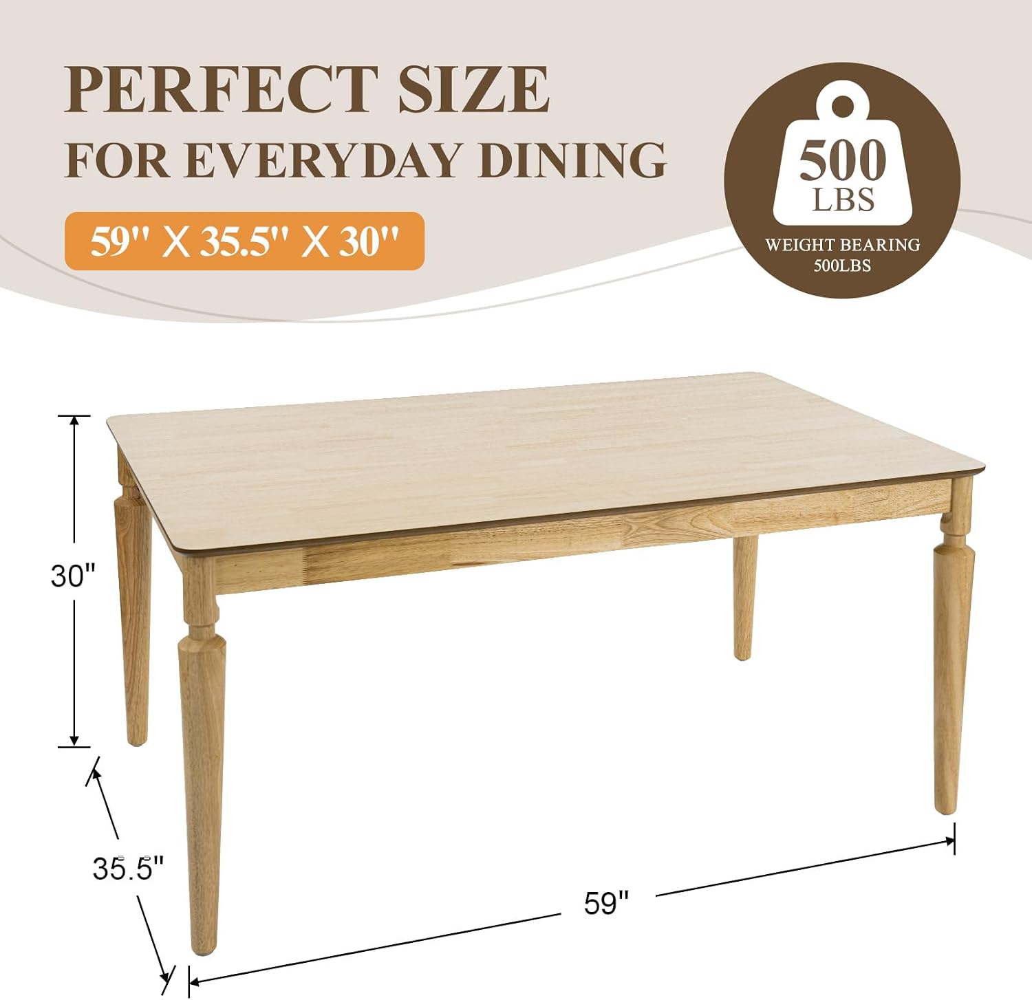 chairus 59" Solid Wood Dining Table for 4-6 People, Farmhouse Kitchen Table with Turned Legs, Sturdy Rectangular Wooden Dining Room Table for Kitchen, Dining Room & Family Gatherings, Natural Finish