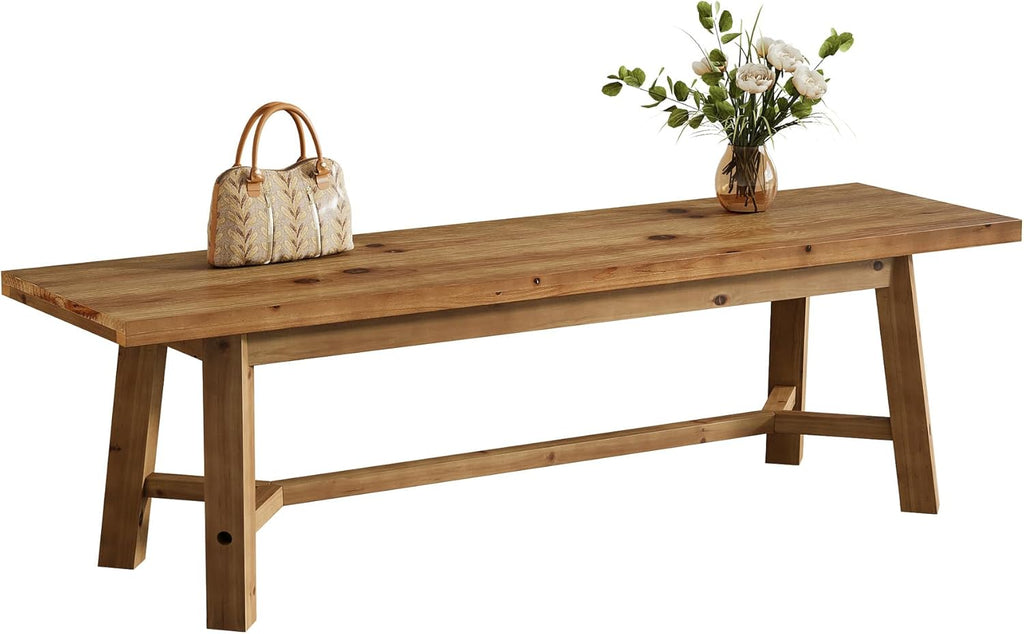 55" Solid Wood Bench, Farmhouse Long Bench Seat for Entryway, Dining Room, Living Room, Solid Wood, Rustic Brown