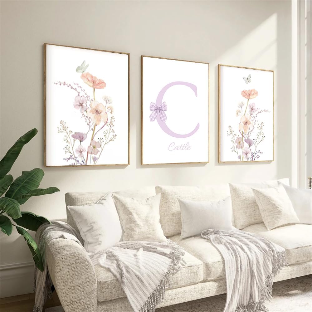 NATVVA Custom Wildflowers Wall Art Poster Set Of 3 Personalised Initial Name Sign Canvas Art Prints Painting Picture Artwork Home Baby Girl Nursery Decoration No Frame