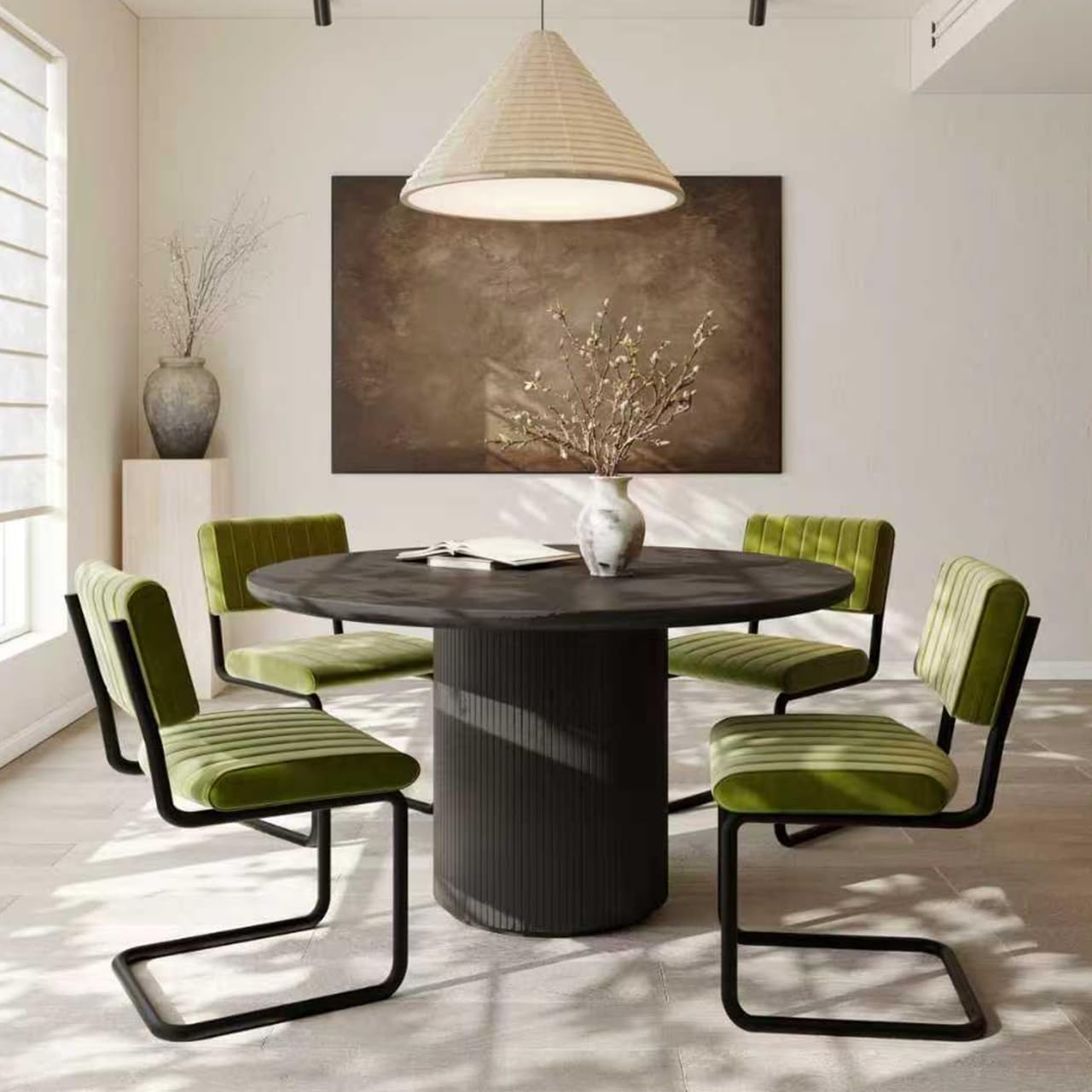 Mid Century Velvet Dining Chairs, Green Dining Chairs Set of 4, Modern Armless Side Chair, Cantilevered Back, Comfy Seat, Metal Legs, Industrial for Kitchen, Restaurant, Living Room, Olive