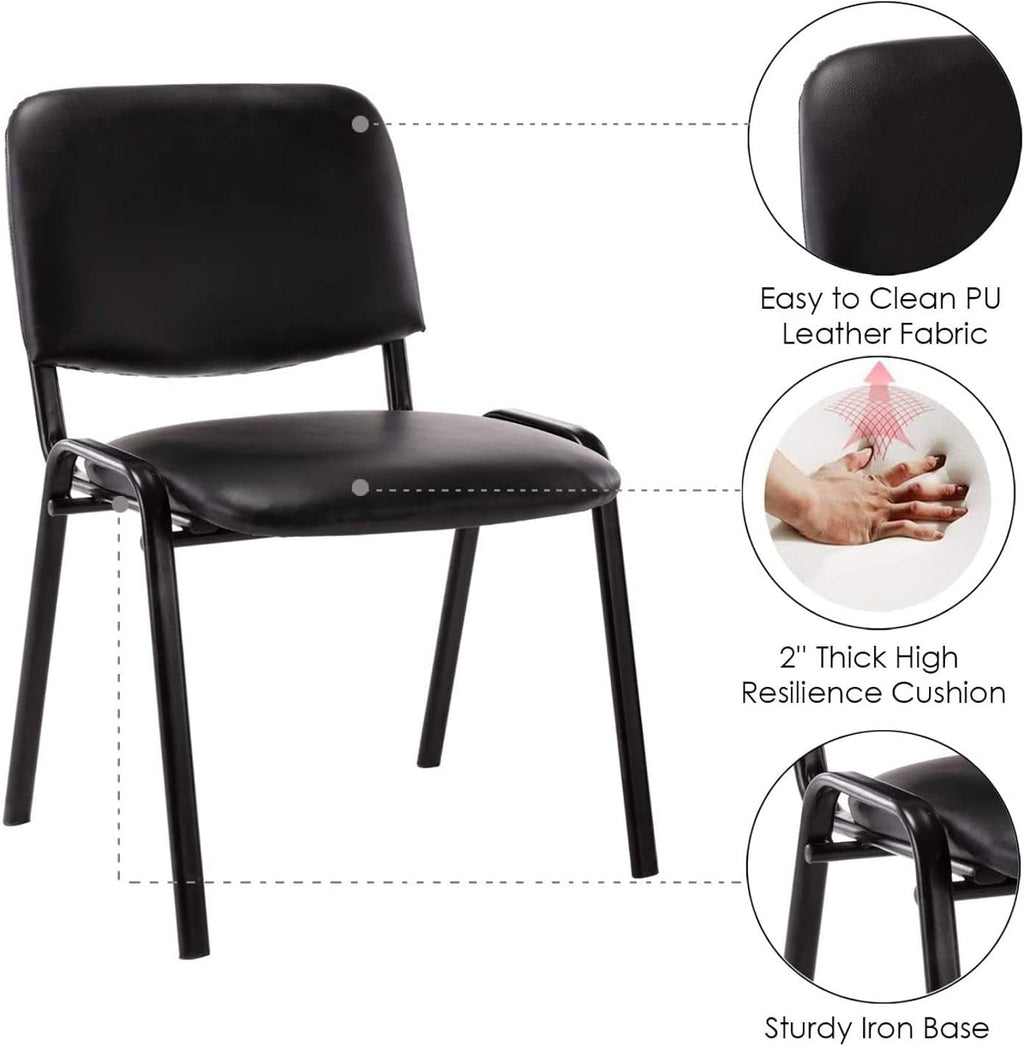 ROCITY Waiting Room Chairs Set of 5 Stackable Conference Room Chairs Faux Leather Office Reception Chair for Guest School Breakroom Banquet Church Lobby (Leather-Cushion,Black,5PCS)