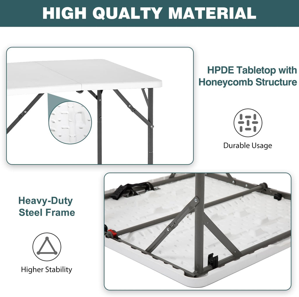 FDW 34" Square Outdoor Dining Table, Foldable Portable Plastic Folding Card Table with Built in Carrying Handle and Height Adjustable for Party and Wedding Use, White