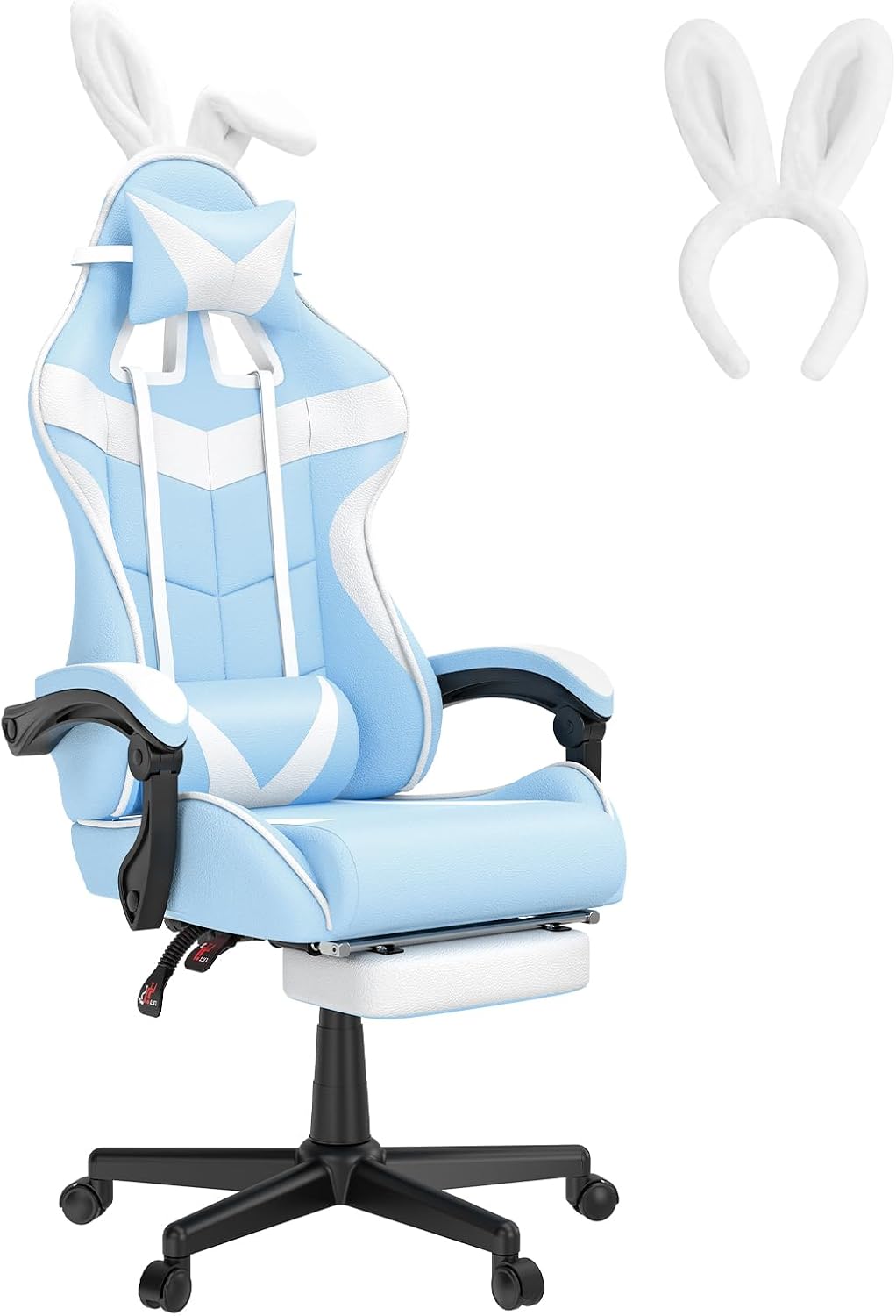 Huracan Gaming Computer Chair with Footrest, Adjustable Video Game Chairs for Adults, Heavy Duty Office Chair with Headrest and Lumbar Support, Baby Blue