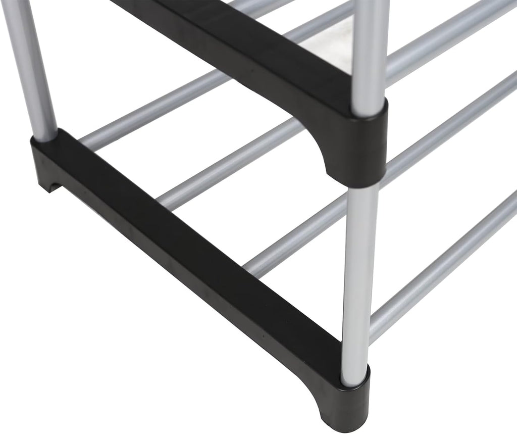 4-Tier Shoe Rack, Black and Silver, Holds 8 Pairs of Shoes, Metal Tubes & Plastic Connectors