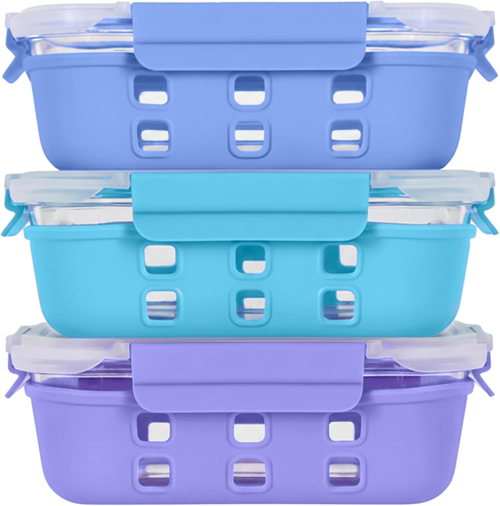 ECOBERI Glass Meal Prep Containers with Silicone Sleeves, 3 Piece 4.5 Cup Set, Borosilicate Glass Food Storage with Leak-Resistant Lids, Oven, Microwave, Freezer and Dishwasher Safe
