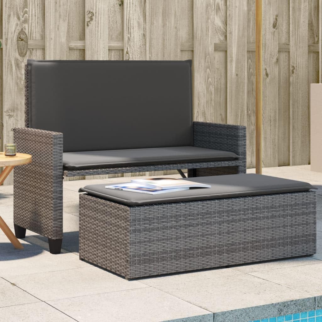 2-Seater Garden Bench, Convertible Sofa Bed with Cushions, Grey PE Rattan Outdoor Seating for Patio, Balcony and Terrace