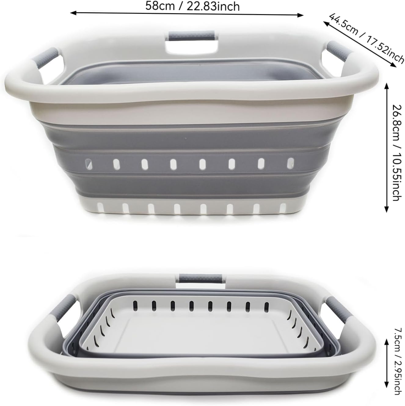 SAMMART 41L (10.8 gallon) Set of 2 Collapsible 3 Handled Plastic Laundry Basket-Foldable Pop Up Storage Container/Organizer-Space Saving Hamper/Basket (2, Grey/Dark Grey)