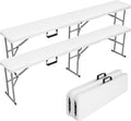 6FT Folding Outdoor Bench (2 Pack), Heavy Duty Portable Plastic Bench for Dining Table, Patio, Garden & Soccer Sideline, White Foldable Seat for Adults, Easy to Store & Carry