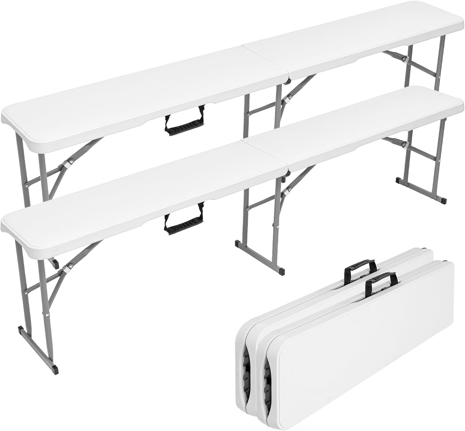 6FT Folding Outdoor Bench (2 Pack), Heavy Duty Portable Plastic Bench for Dining Table, Patio, Garden & Soccer Sideline, White Foldable Seat for Adults, Easy to Store & Carry