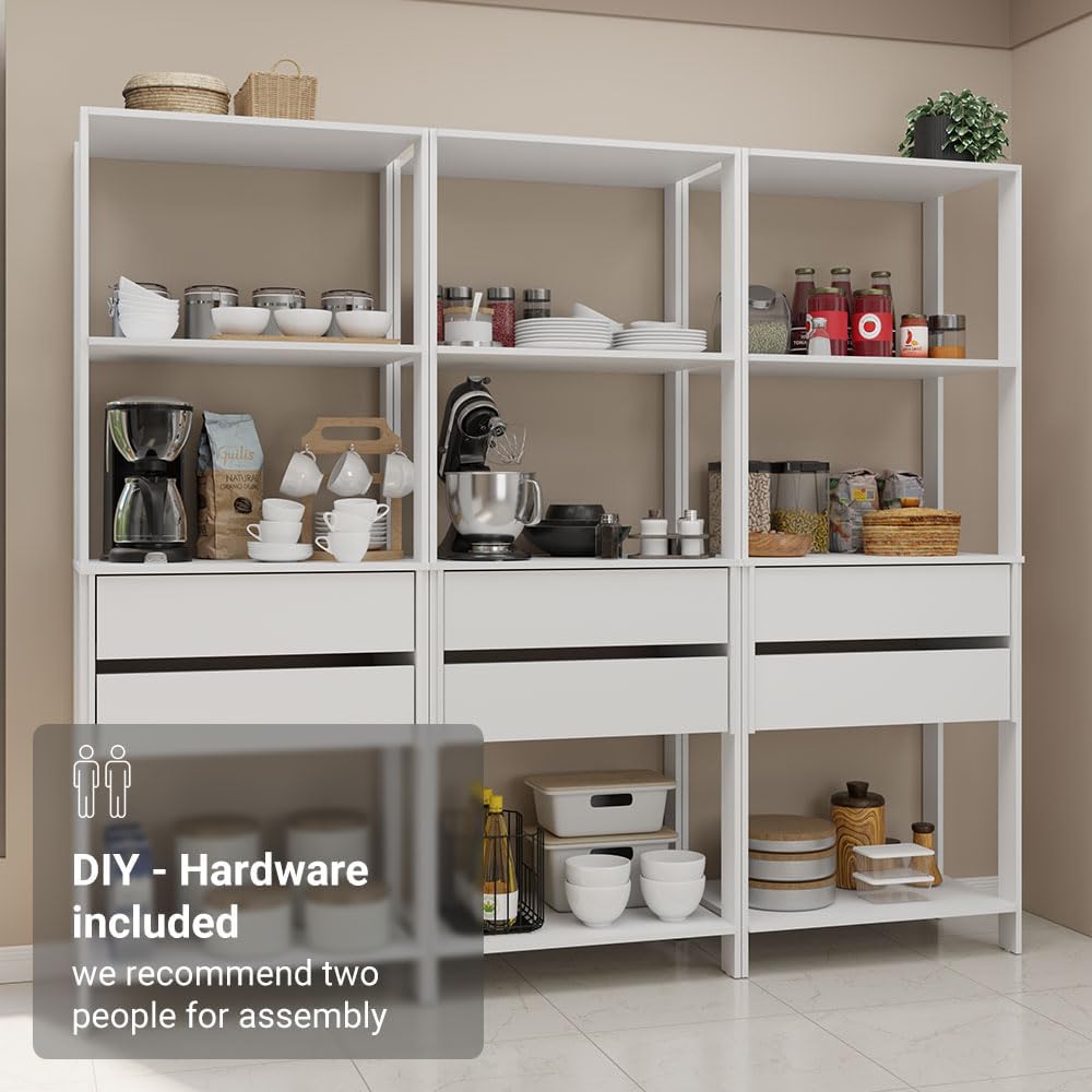 Madesa Kitchen Pantry Storage Rack with 6 Drawers and Open Shelves 82" L Multiuse Modular Cabinet for Kitchen Organization (White)