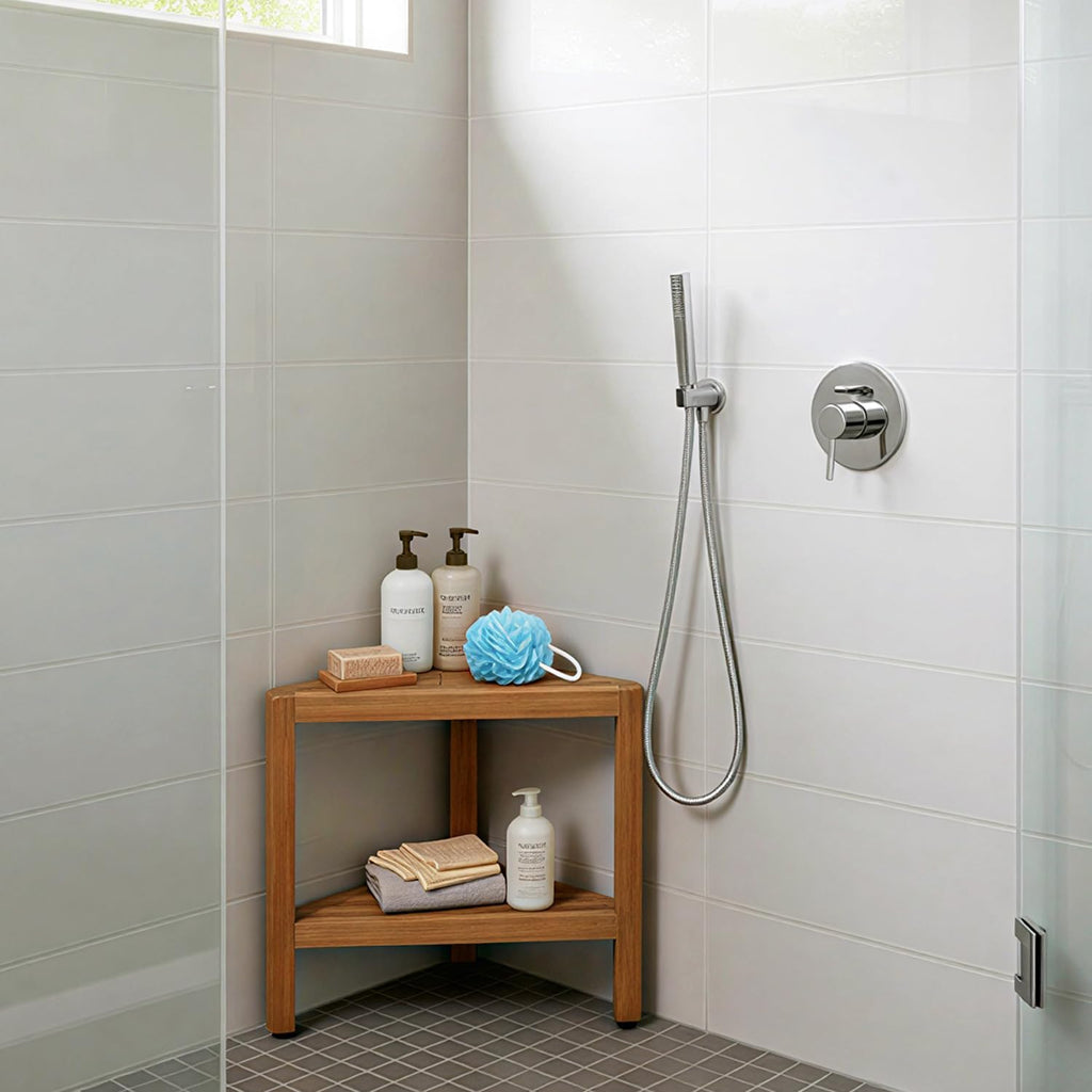 Asta Bora Solid Teak Indoor Outdoor Shower/Bath/Spa Corner Stool with Shelf, Fully Assembled, SpaTeak Collection, TB-009